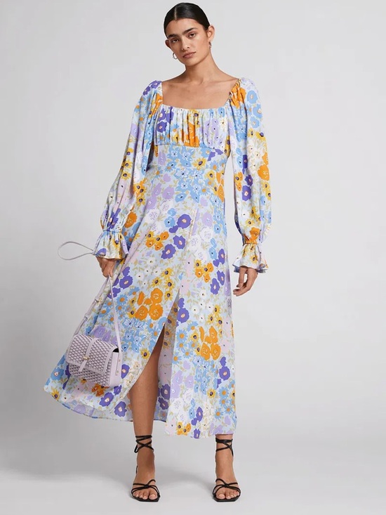 & Other Stories Dresses & Skirts - & Other Stories Floral Print Puff Sleeve Midi Dress with front slit